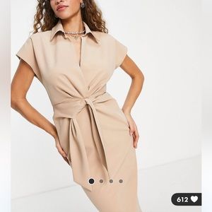 ASOS design collar wrap front midi dress with knot in stone